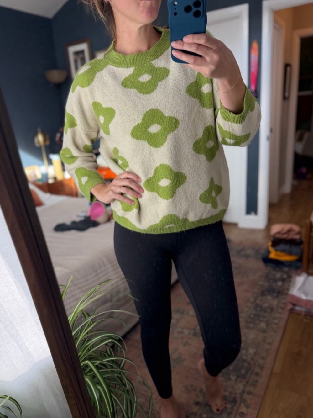 Floral Crewneck Sweater in Green & Cream